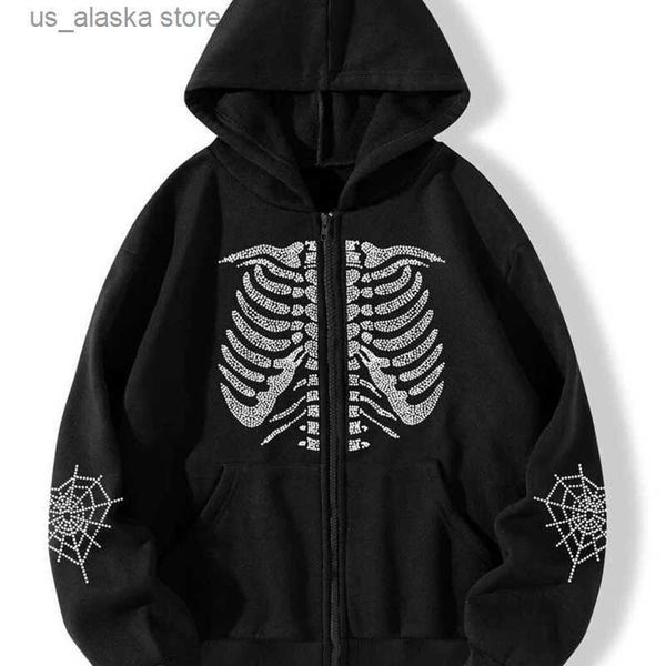 

men's hoodies sweatshirts zip up hoodie women 2023 y2k kawaii harajuku clothes full gothic web sweatshirt hip hop grunge oversized jack, Black