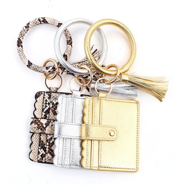 

s1030 women girls pu leather bracelet key ring bangle keyring ring circle keychain wristlet keyrings jewelry with wallet card purs4907068, Slivery;golden