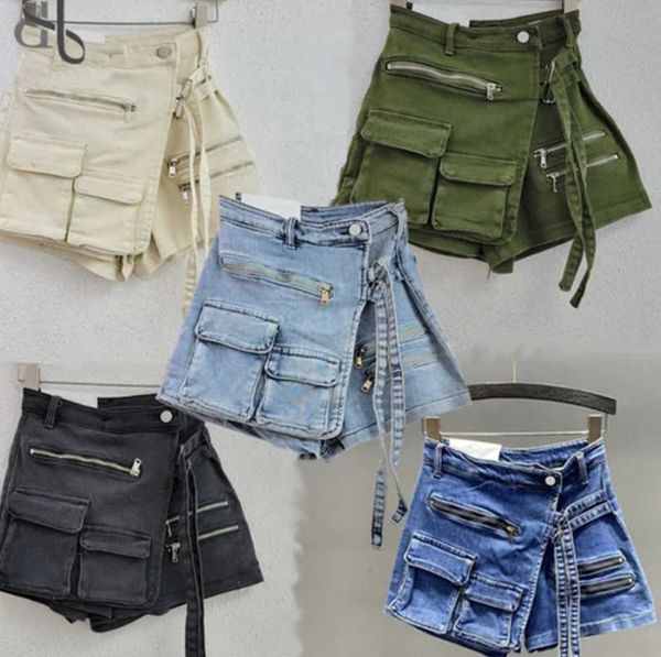

fashion womens shorts elastic jeans irregular multi pocket cargo pants zipper bag denim short pants spring summer new denim skirt pants, Blue