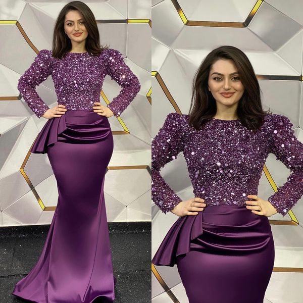 

elegant dark purple evening dresses long sleeves sequins party prom dress pleats long dress for special occasion, Black;red