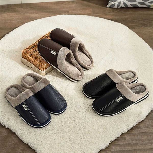 

slippers new winter warm home slippers waterproof leather indoor slippers couple women men furry house shoes soft indoor shoes male, Black