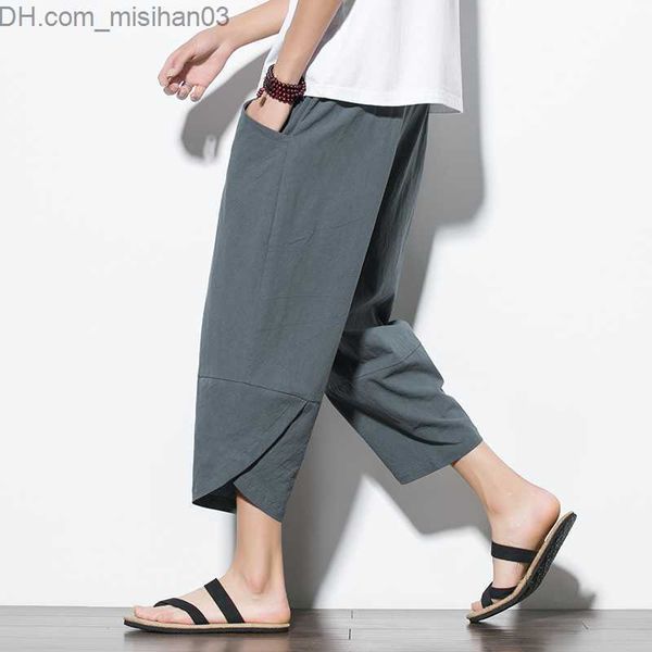 

men's pants summer men's chinese style cotton linen harem men's street clothes breathable beachwear men's casual calf tr, Black