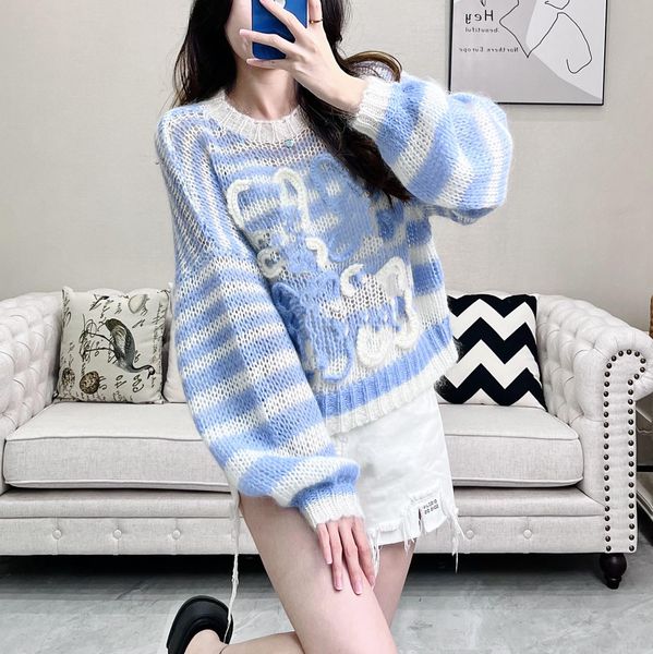 

women's sweaters blue and white striped hollowed out pullover korean version knitted sweater long sleeved knitted round neck striped sw, White;black