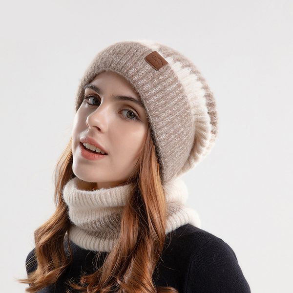 

fashion designer jewelry two color hat, thick and warm ear protection, wool hat, plush collar, two piece set versatile scarf, hat & glove se, Blue;gray