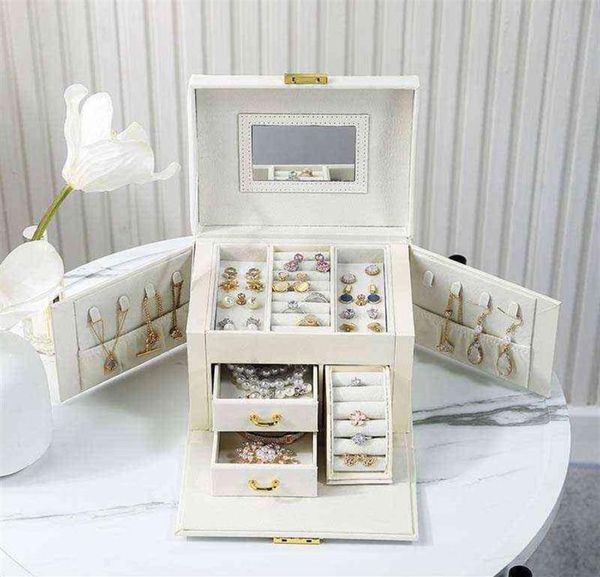 

jewelry boxes new box large capacity multifunctional portable lock with mirror storage earrings necklace ring display 112925682987389, Black;white