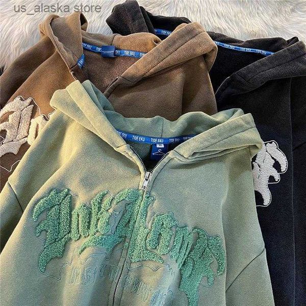 

men's hoodies sweatshirts y2k zipper hoodie cute horn letter embroidery hooded cardigan street sports sweater men and women retro overs, Black