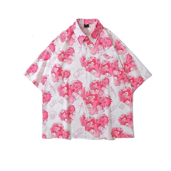 

men's casual shirts peach heart short sleeved pink flower shirt american retro national fashion hawaiian men's and women's po, White;black