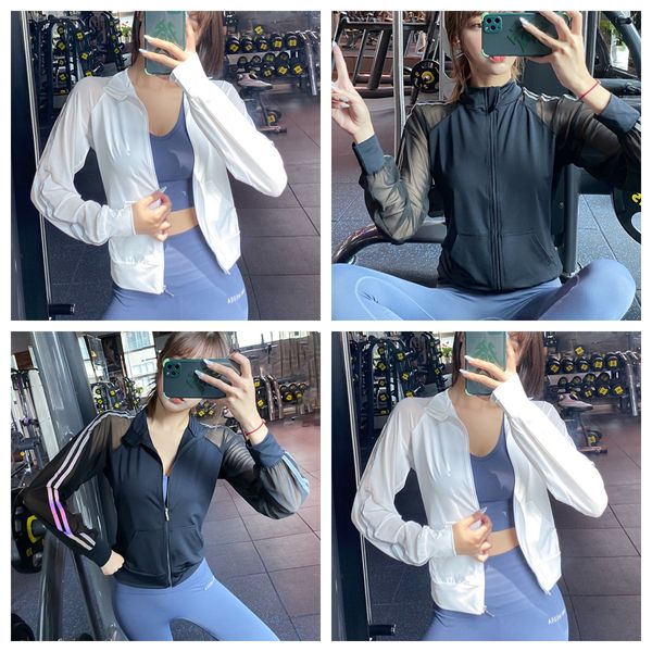 

mesh stitching reflective strip yoga suit for women's fashion versatile slim cardigan sports casual fitness long sleeved new, White;red