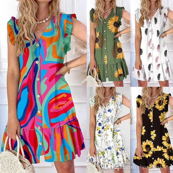 

womens sweet dresses summer new v-neck button fly sleeves v-neck loose print dress, Black;gray