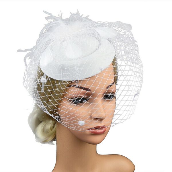 

bride headwear hairpin vintage mesh hat feather hairpin, White