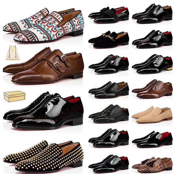 

luxury brand red bottoms mens designer dress shoes pointed toe black suede patent leather rivets glitter loafers fashion sneakers party wedd