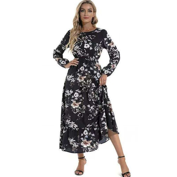 

long sleeve dress autumn elegant print round neck floral for women, Black;gray