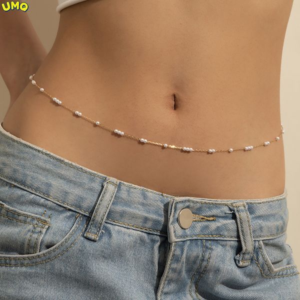 

navel bell button rings fashion cool wind millet pearl waist chain women's fashion geometric metal chain single layer body chaingifts f, Silver