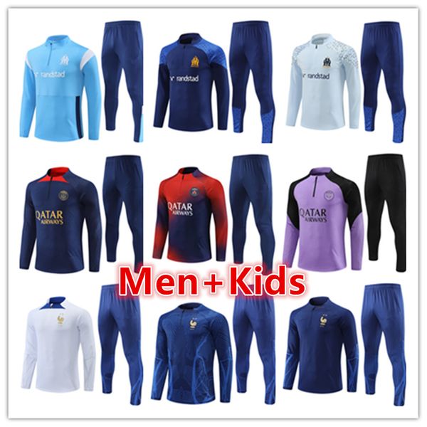 

marseilles tracksuit kit 22 23 24 kids men football jerseys training soccer tracksuits suit kit 2023 2024 om mens survetement maillot chanda, Black