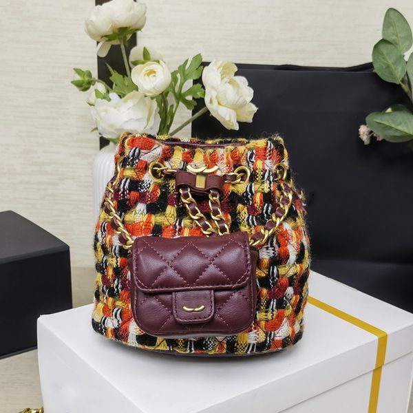 

23a womens mini backpack colorful wool twill tweed bucket bag backpack pull bucket bag luxury handbag braided chain shoulder bags shopping b