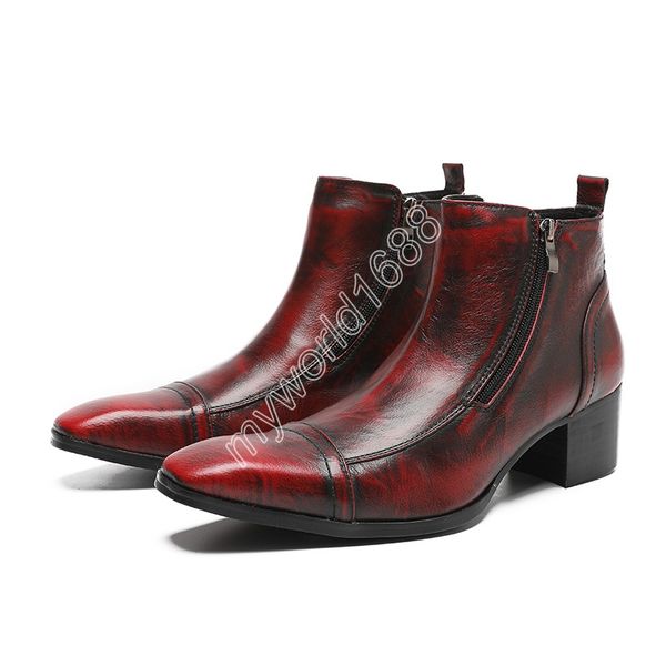 

christia bella fashion british dress shoes mid heel cowboy short boots male zipper formal business party leather ankle boots men, Black