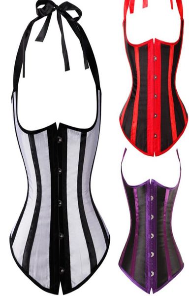 

bustiers gothic satin waist trainer cincher corsets bustiers blackwhiteredpurple striped halter boned underbust cupless body sh5214700, Black;white