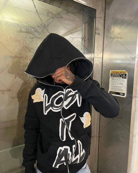 

men's hoodies sweatshirts fashion gothic letter printing oversized hoodie men's y2k street hip-hop harajuku loose all-match zipper, Black