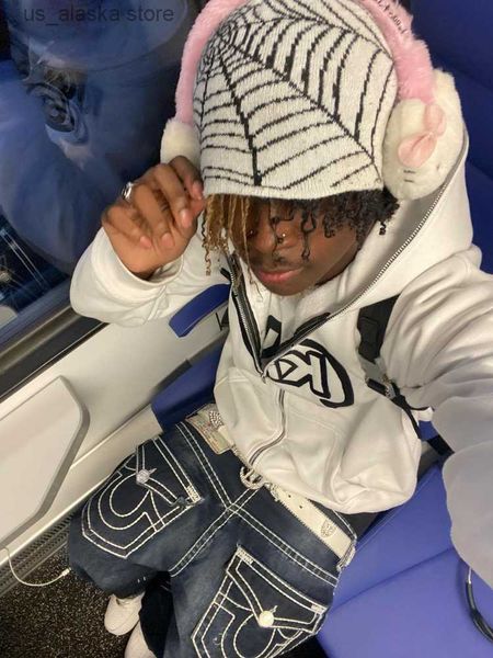 

men's hoodies sweatshirts y2k hooded sweatshirt men's harajuku hip hop print zipper hooded 2023 new fashion casual rock punk jacke, Black