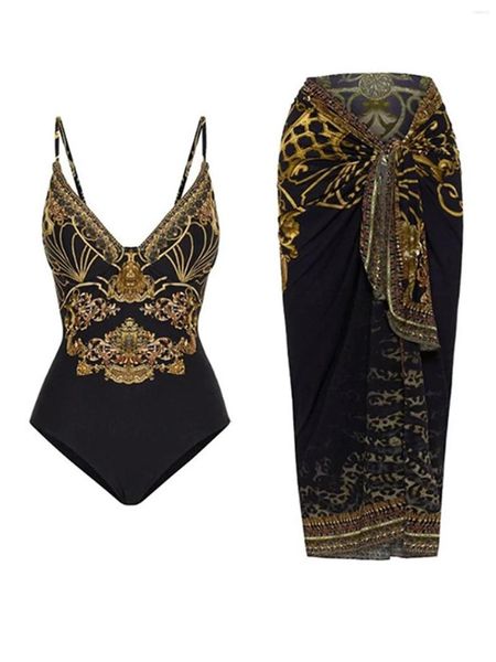 

women's swimwear vintage print one piece swimsuit women beach dress v-neck female bathing suit beachwear swimming bathers, White;black