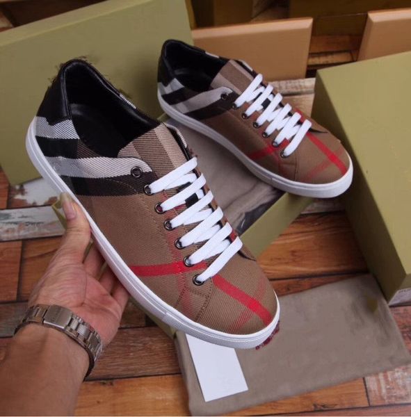 

mens europe casual shoes canvas lace-up sports men running fashion sneakers flat square check stripe designer leather stitching shoess size3, Black