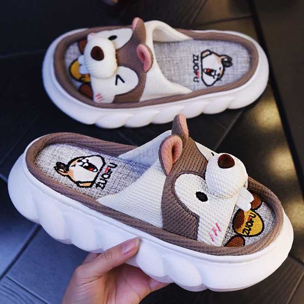 

slippers 2022 fashion linen slippers women men cute cartoon squirrel home thick bottom couple comfortable slides indoor non-slip shoes, Black