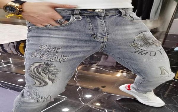 

new jeans men039s heavy craft diamond printing fashion brand handsome casual slim pants streetwear motorcycle denim pants8064656, Blue