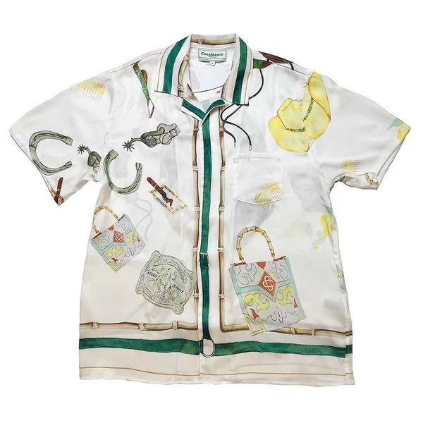 

casablanca button up shirt shirt racecourse jewelry for men and women couples twill silk short sleeve shirts, White;black