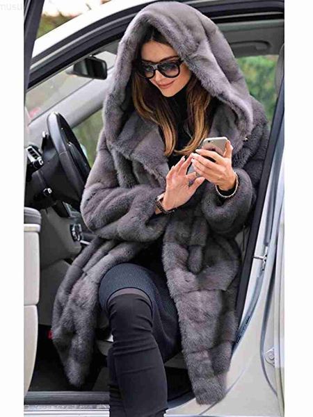 

new woman fur 90cm plus size women clothing winter artificial economy mink fur coat with a hood luxury fake fur coats g0913, Black