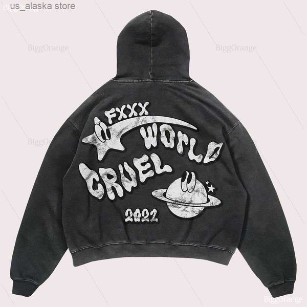 

men's hoodies sweatshirts retro y2k planet printing women streetwear popular design casual pattern fashion harajuku goth women clothes, Black
