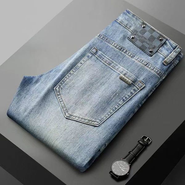 

designer fashion men's luxury washed floral alphabet row patch printed motorcycle vintage stretch pants, Blue