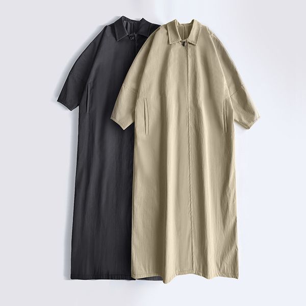 

new t-oteme silhouette single button bat lantern sleeve trench coat with loose texture and long jacket, Black