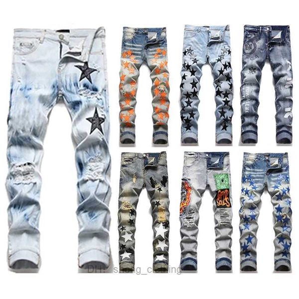 

designer jeans rips skinny hip hop for men mens pants with holes denim man straight leg slim fit zipper fashion bikers motorcycle oversize c, Blue