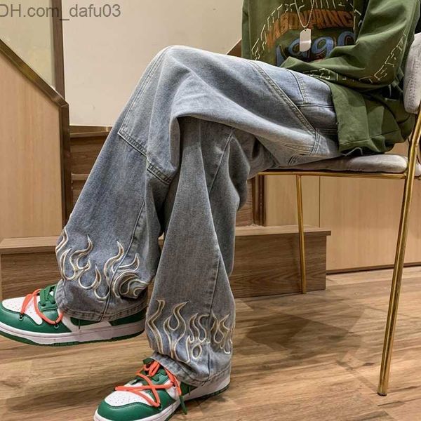 

men's jeans men's jeans 2023 fashion flame embroidery black baggy men pants y2k clothes straight hip hop vintage denim trousers pa, Blue