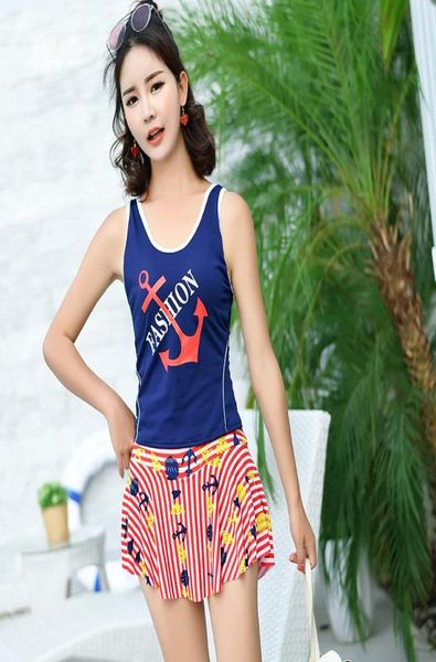 

striped schoolgirl swimsuit split twopiece flat corner skirt conservative slimming slimming beach swimsuit whole5221041
