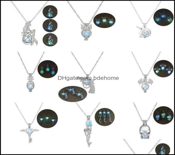 

pendant necklaces pendants jewelry 3 colorsstyles glow in the dark for women hollow mermaid owl gun skl key dragon pine cage lock7931911, Silver