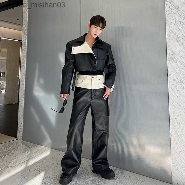 

men's pants men's trousers denim pu leathwork color block versatile straight trousers streetwear men's jogger casual pantalon, Black