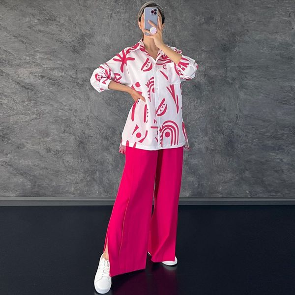 

women's two piece pants pant sets loose long sleeve printed shirt two piece set women elegant lapel suits female split end wide leg pan, White