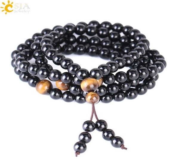 

csja obsidian bracelet long black 6mm round natural stone multilayer buddha beads bracelets chinese knot reiki prayer jewelry elas9577020