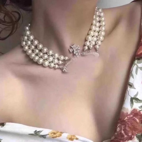 

designer multilayer pearl rhinestone orbit necklace clavicle chain baroque pearl necklaces for women jewelry gift, Silver