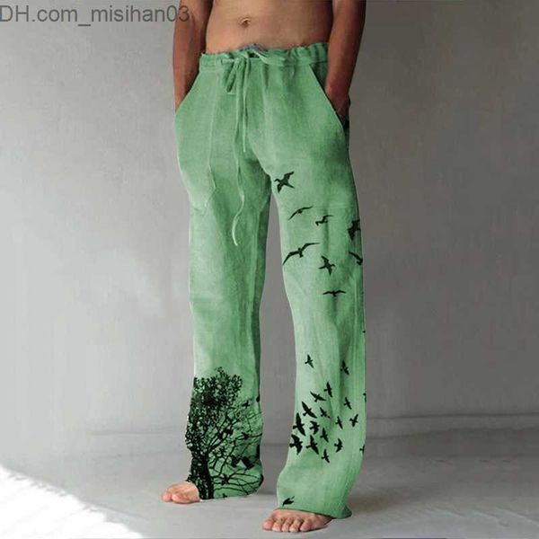 

men's pants men's casual style bird print lace upper waist vintage pants men's trousers street clothing spring and autumn z23, Black