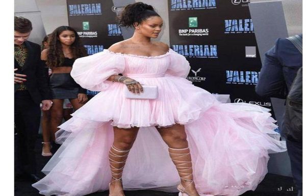 

arabic party gowns modern pink high low prom dresses off the shoulder poet sleeve tulle hi low red carpet celebrity evening dress 4056519, Black;red