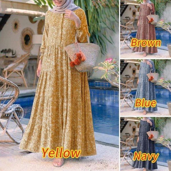 

casual temperament muslim womens clothing pleated floral long sleeved round neck large swing dress, Black;gray