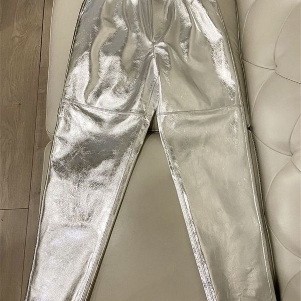 

women's pants s y2k women 2023 korean fashion genuine leather shinny silvery pantalons streetwear trousers female casual loose style 23, Black;white