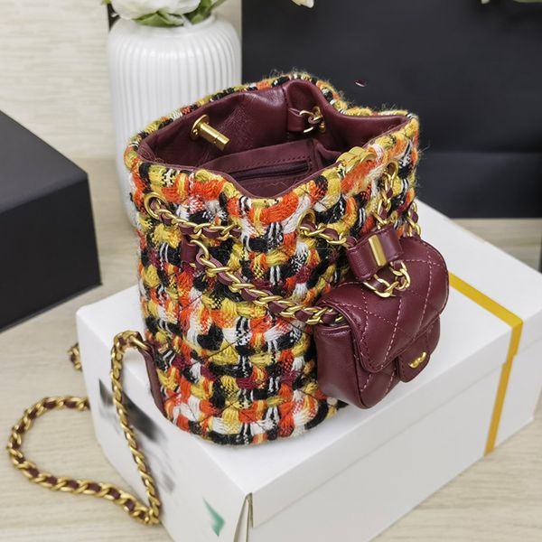 

23a womens mini backpack colorful wool twill tweed bucket bag backpack pull bucket bag luxury handbag matelasse chain shoulder bags makeup c