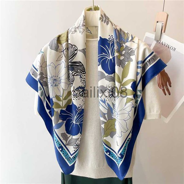 

scarves twill silk headscarf for women print designer 90cm square scarf hijab bandana female hair neckerchief hand shawl wraps echarpe j2308, Blue;gray