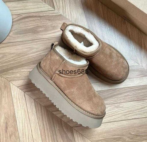 

brand design mini platform boot woman winter wgg ankle australia snow ug boots thick bottom real leather warm fluffy booties with fur pt1031, Black