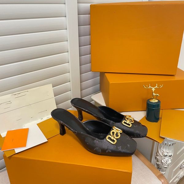 

rotary high heels sandals lacquered cow leather dress shoes heavy metal chain square head quality and comfort women slipper 07, Black