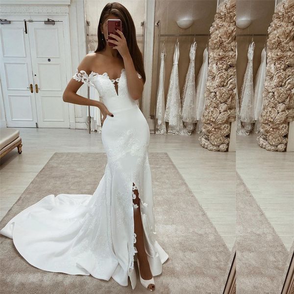 

white appliques off shoulder mermaid wedding dresses white lace wedding dress split customized bridal gown