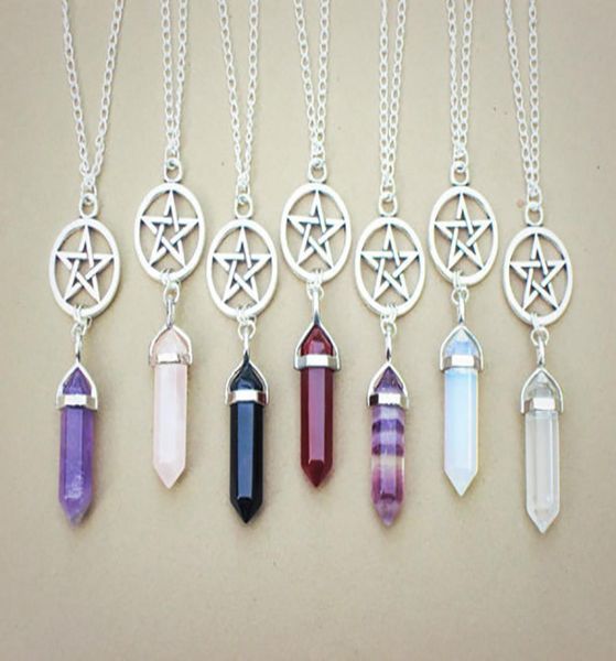

stone necklace pendant bullet hexagonal point pendulum column reiki healing chakra jewelry natural stone quartz pendant necklace4712378, Silver